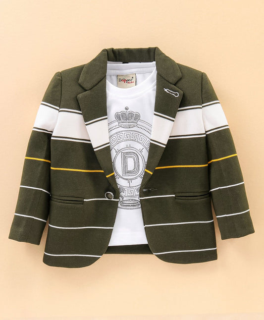 Dapper Dudes Full Sleeves Striped Blazer With Tee - Olive