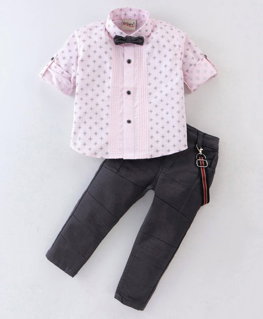 Dapper Dudes Half Sleeves Abstract Printed Suspender Shirt With Bow & Bottom - Pink