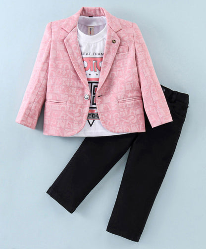 Dapper Dudes Full Sleeves Alphabet Print Blazer With Tee & Bottom - Peach