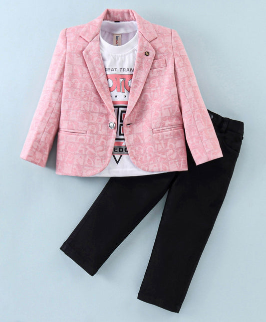 Dapper Dudes Full Sleeves Alphabet Print Blazer With Tee & Bottom - Peach