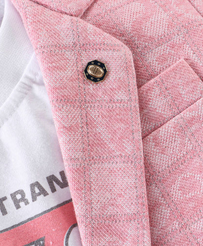 Dapper Dudes Full Sleeves Alphabet Print Blazer With Tee & Bottom - Peach