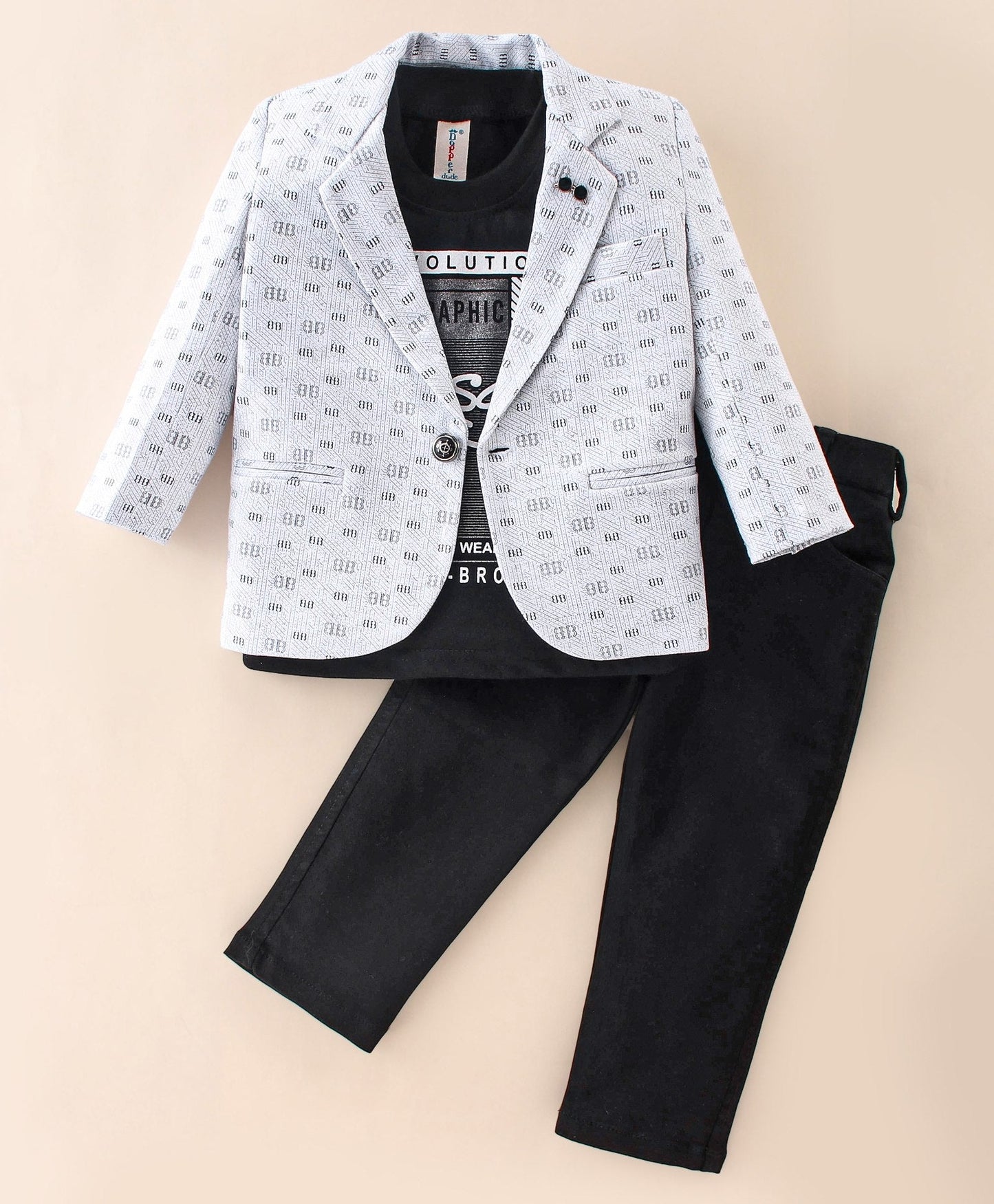 Dapper Dudes Full Sleeves Printed Blazer With Tee & Bottom - White