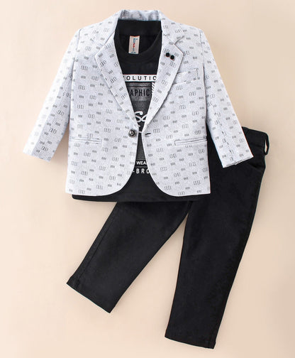 Dapper Dudes Full Sleeves Printed Blazer With Tee & Bottom - White