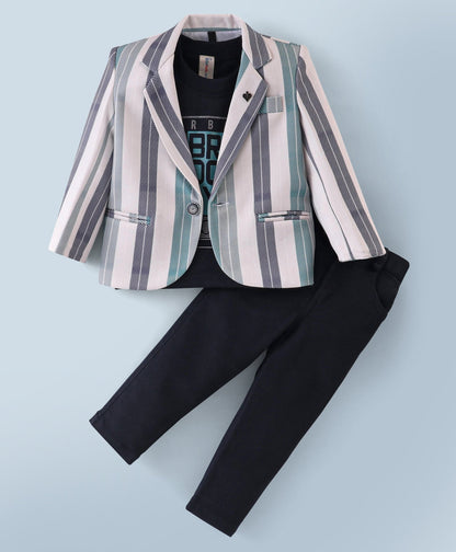 Dapper Dudes Full Sleeves  Striped Blazer With Printed Tee & Bottom - Green