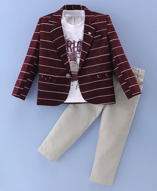 Dapper Dudes Full Sleeves  Striped Blazer With Printed Tee & Bottom - Maroon