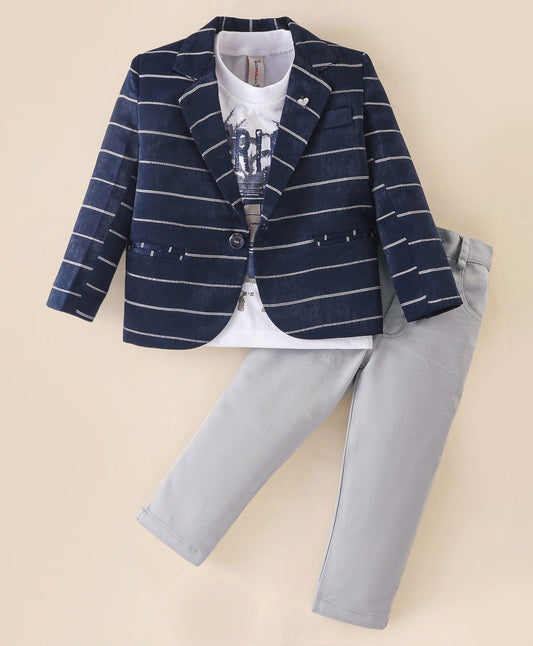 Dapper Dudes Full Sleeves  Striped Blazer With Printed Tee & Bottom - Navy