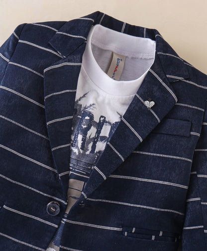 Dapper Dudes Full Sleeves  Striped Blazer With Printed Tee & Bottom - Navy
