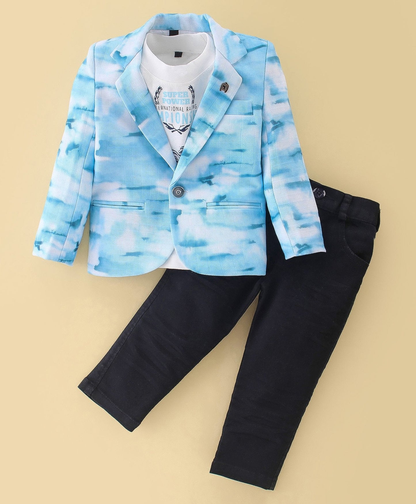 Dapper Dudes Full Sleeves Printed Blazer With Tee & Bottom - S.Blue