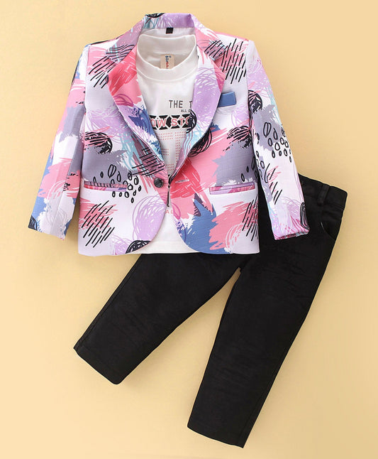 Dapper Dudes Full Sleeves Printed Blazer With Tee & Bottom - Pink