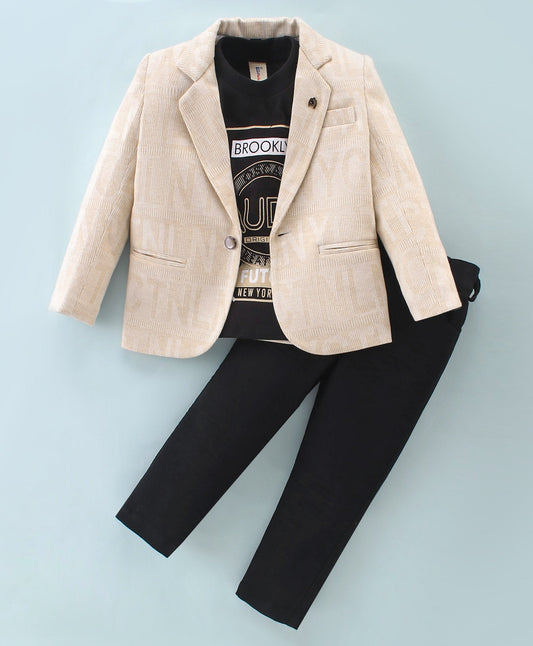 Dapper Dudes Full Sleeves Printed Blazer With Tee & Bottom - Fawn