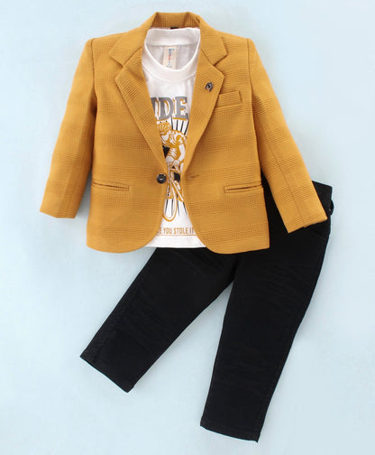 Dapper Dudes Full Sleeves Blazer With Printed Tee & Bottom - Mustard