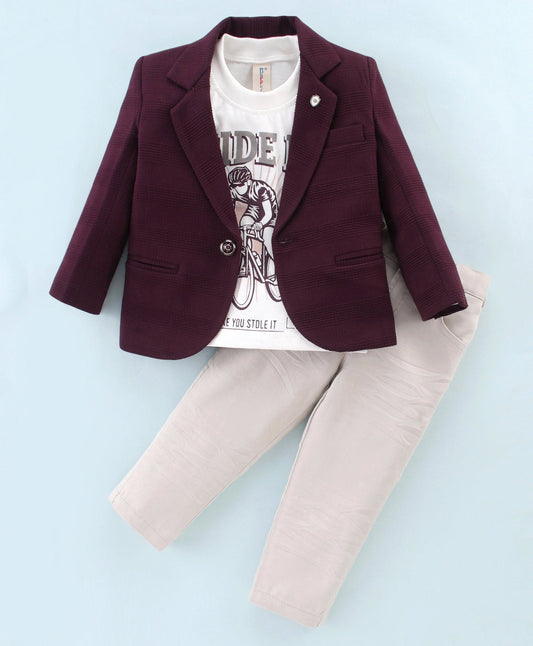 Dapper Dudes Full Sleeves Blazer With Printed Tee & Bottom - Wine