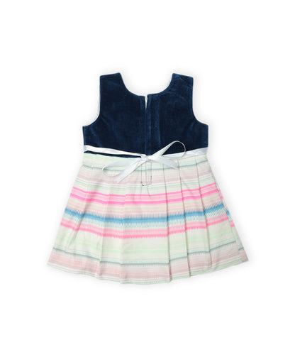 Enfance Sleeveless Multi Color Strip Printed Casual Dress-Blue
