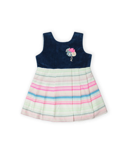 Enfance Sleeveless Multi Color Strip Printed Casual Dress-Blue