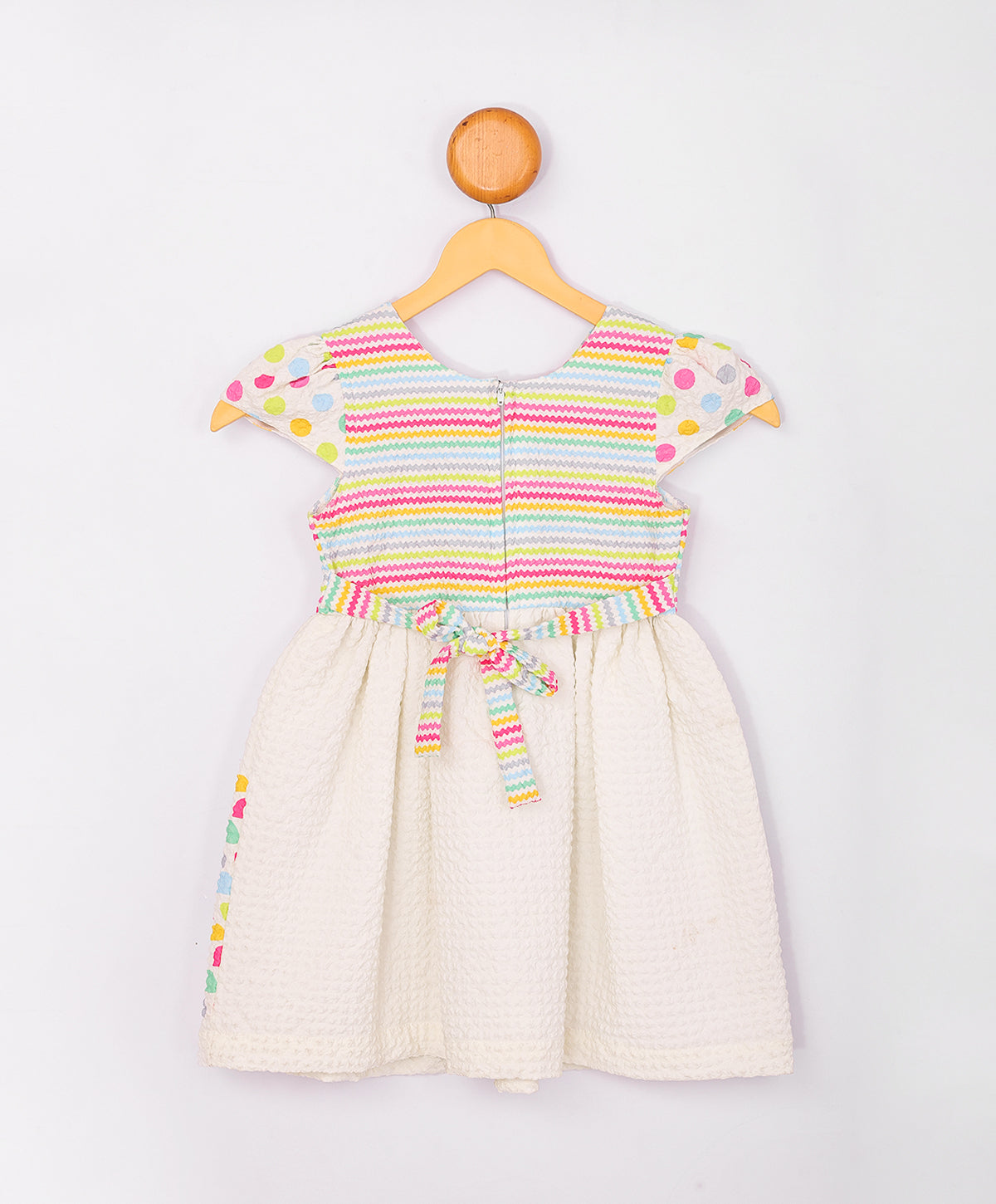 Enfance Short Slevees Flower Applique Multi Printed Strip Casual Dress-Cream