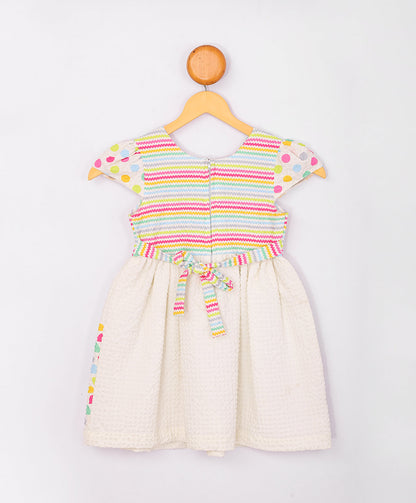 Enfance Short Slevees Flower Applique Multi Printed Strip Casual Dress-Cream