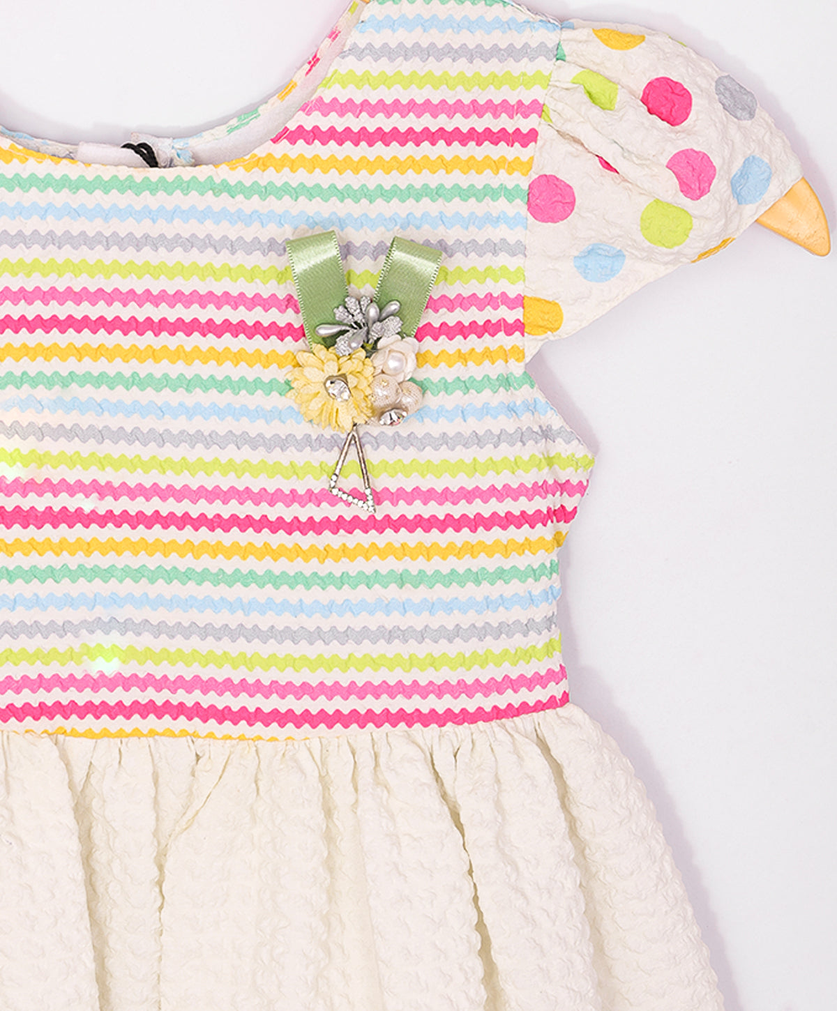 Enfance Short Slevees Flower Applique Multi Printed Strip Casual Dress-Cream