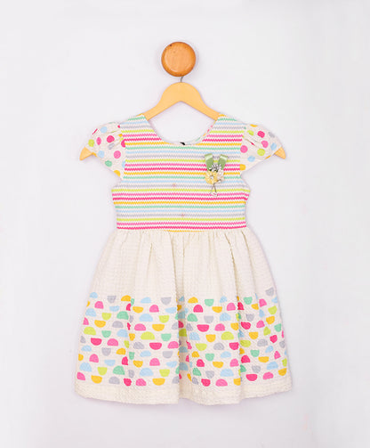 Enfance Short Slevees Flower Applique Multi Printed Strip Casual Dress-Cream