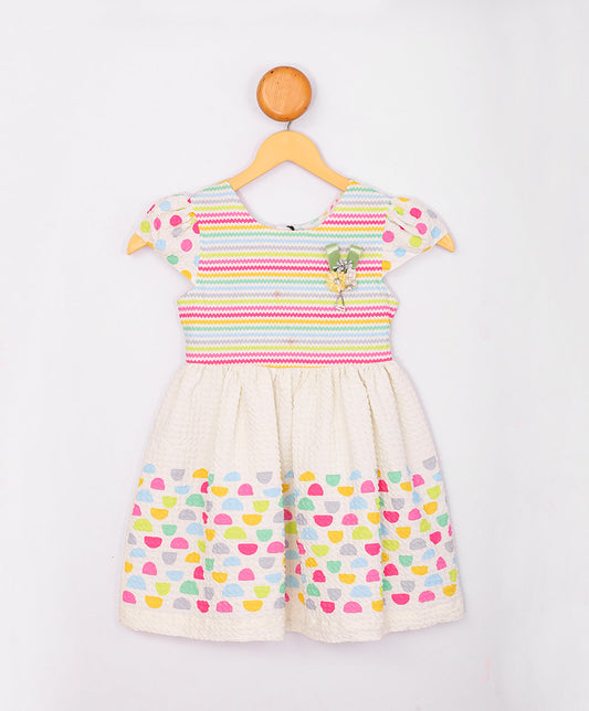 Enfance Short Slevees Flower Applique Multi Printed Strip Casual Dress-Cream