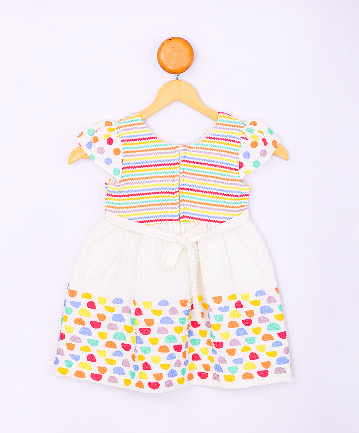 Enfance Short Slevees Flower Applique Multi Printed Strip Casual Dress-Tomato
