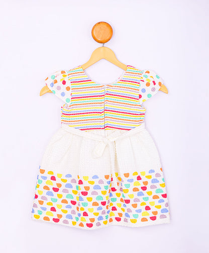 Enfance Short Slevees Flower Applique Multi Printed Strip Casual Dress-Tomato