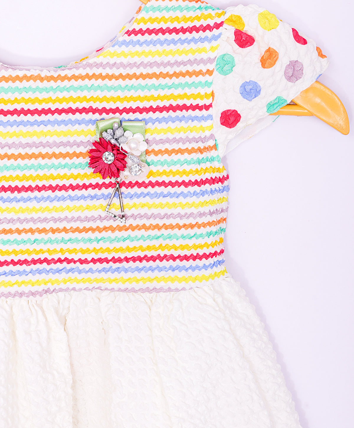 Enfance Short Slevees Flower Applique Multi Printed Strip Casual Dress-Tomato