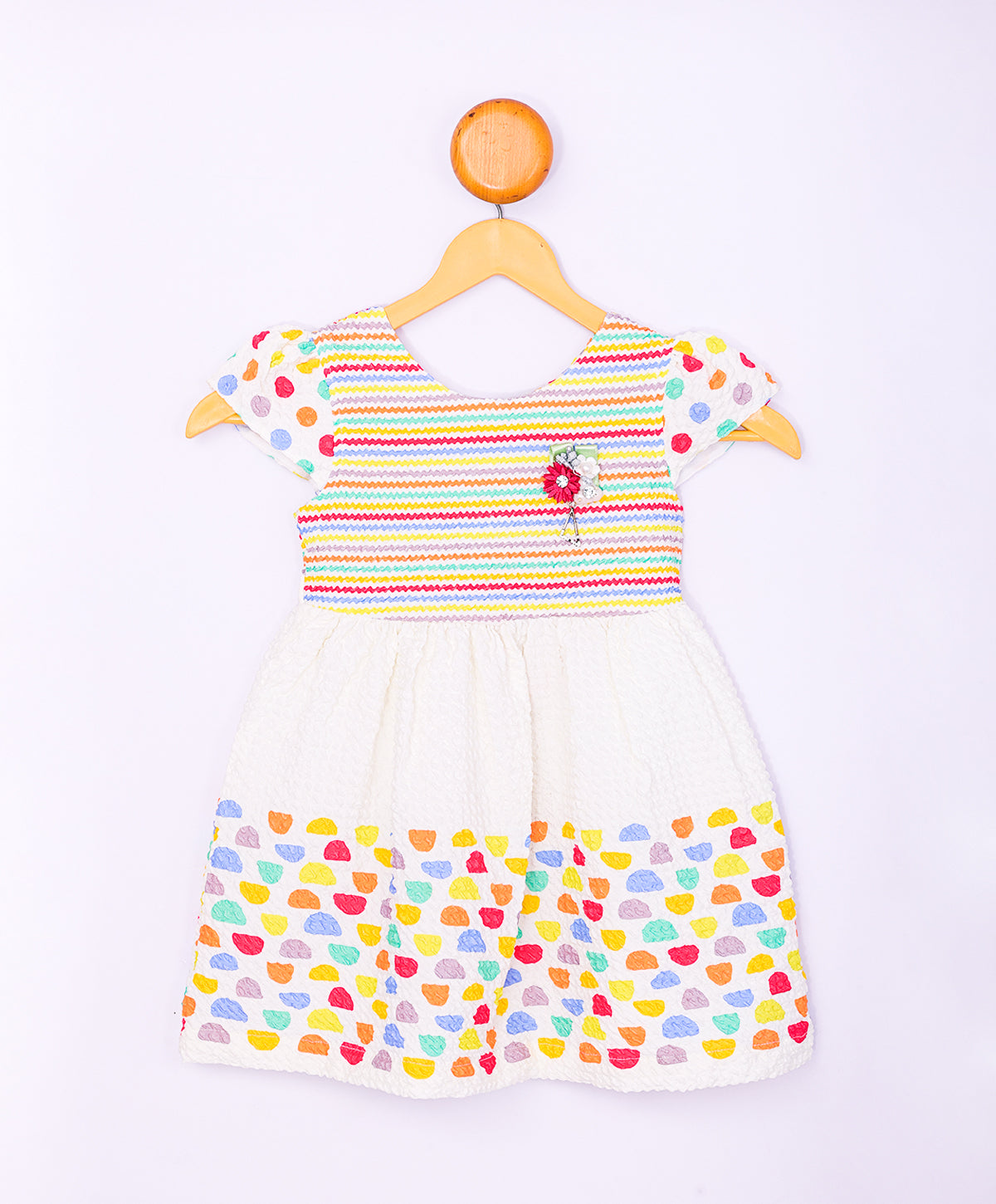 Enfance Short Slevees Flower Applique Multi Printed Strip Casual Dress-Tomato