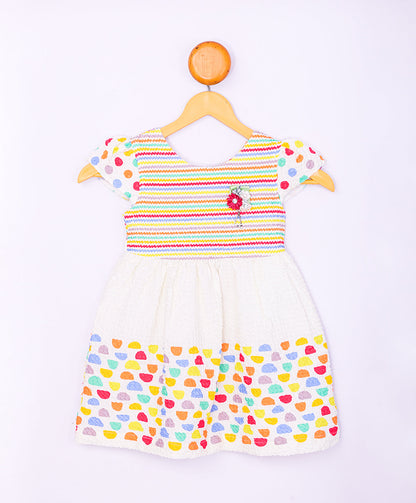 Enfance Short Slevees Flower Applique Multi Printed Strip Casual Dress-Tomato
