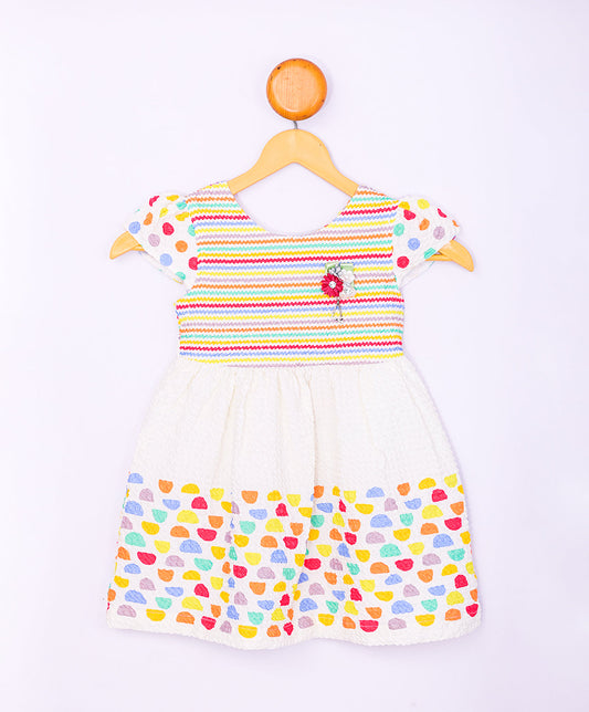 Enfance Short Slevees Flower Applique Multi Printed Strip Casual Dress-Tomato