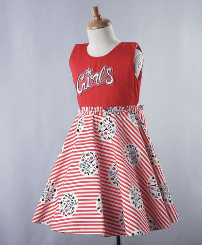 Enfacne Core Sleeveless Girls Patch And Striped Flared Casual Dress -Peach