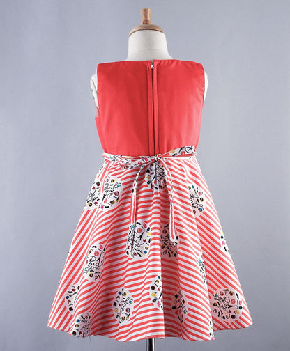 Enfacne Core Sleeveless Girls Patch And Striped Flared Casual Dress -Peach