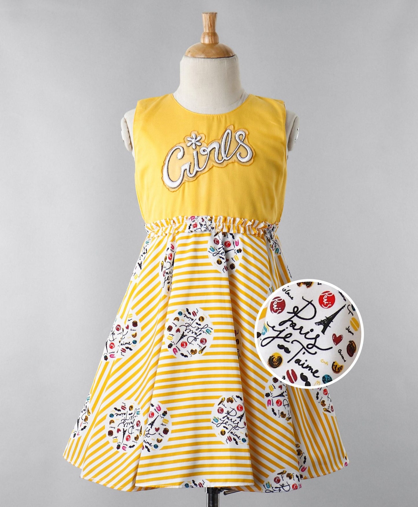 Enfacne Core Sleeveless Girls Patch And Striped Flared Casual Dress -Yellow
