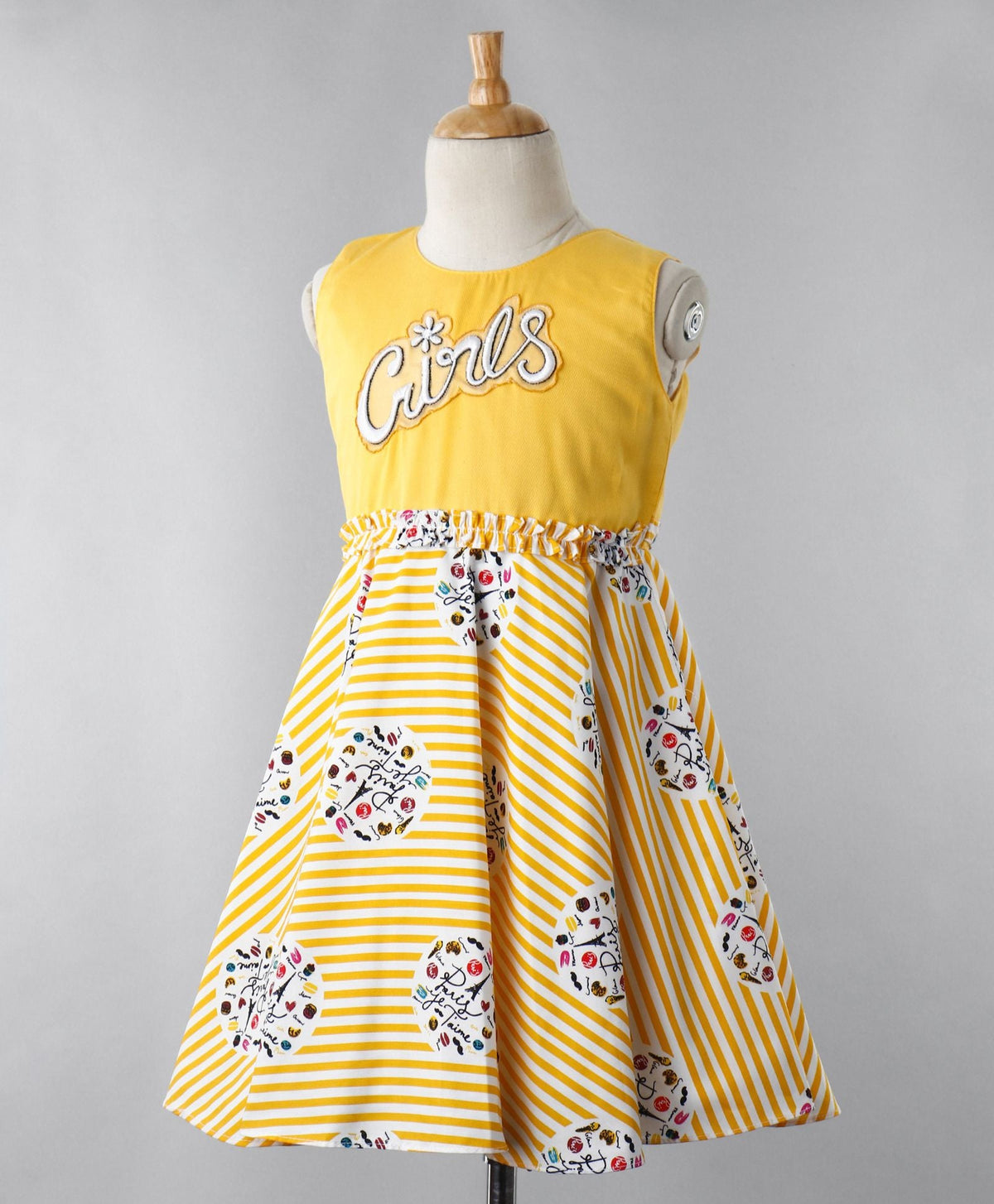 Enfacne Core Sleeveless Girls Patch And Striped Flared Casual Dress -Yellow