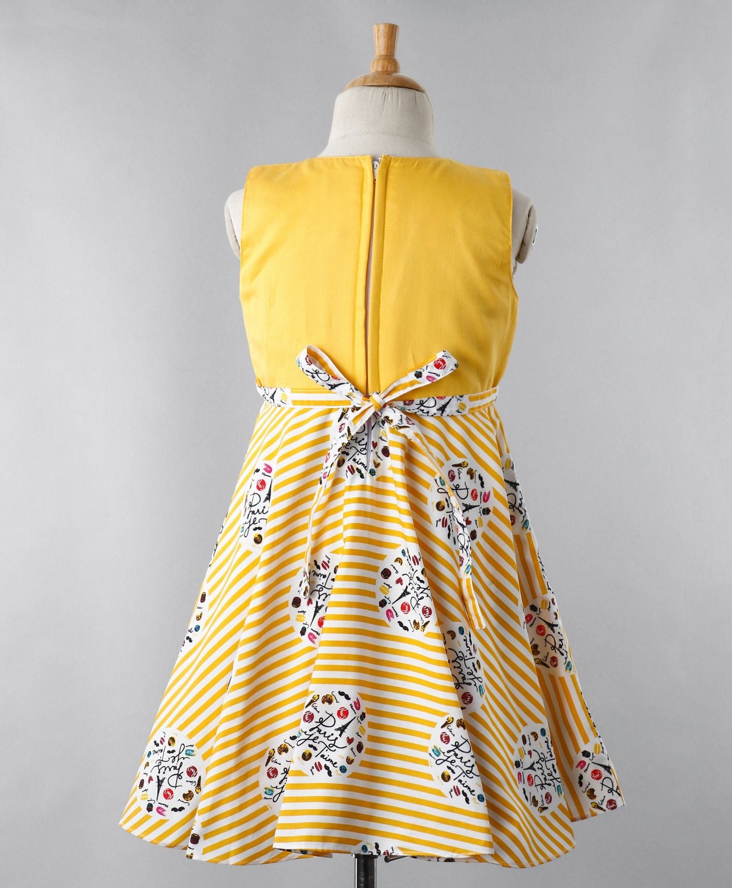 Enfacne Core Sleeveless Girls Patch And Striped Flared Casual Dress -Yellow