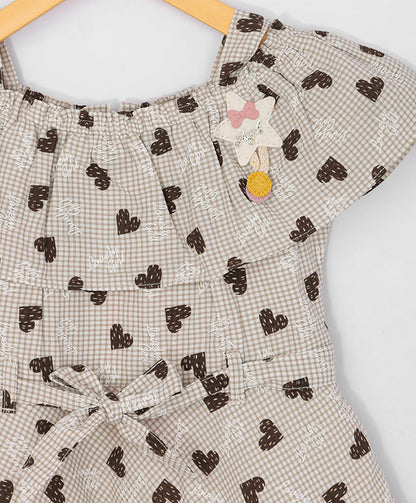 Enfance Core Cold Shoulder Floral Checked Printed Dress-Brown