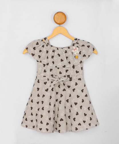 Enfance Core Cold Shoulder Floral Checked Printed Dress-Brown