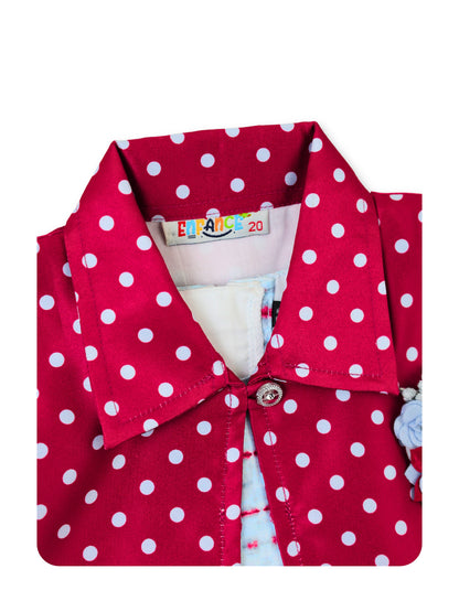 Enfance Striped Printed Dress With Three Fourth Sleeves Polka Dot Jacket - Maroon