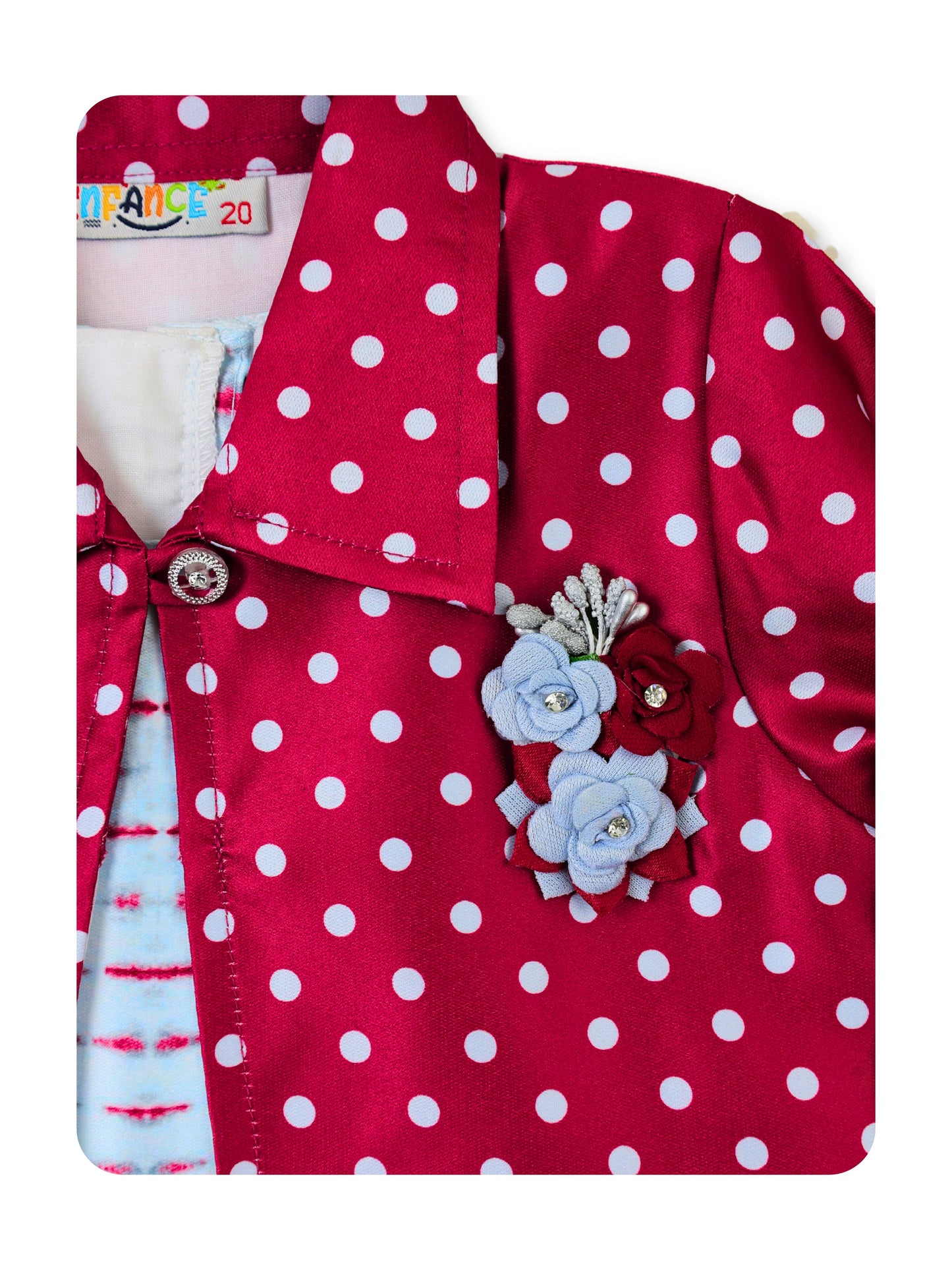 Enfance Striped Printed Dress With Three Fourth Sleeves Polka Dot Jacket - Maroon