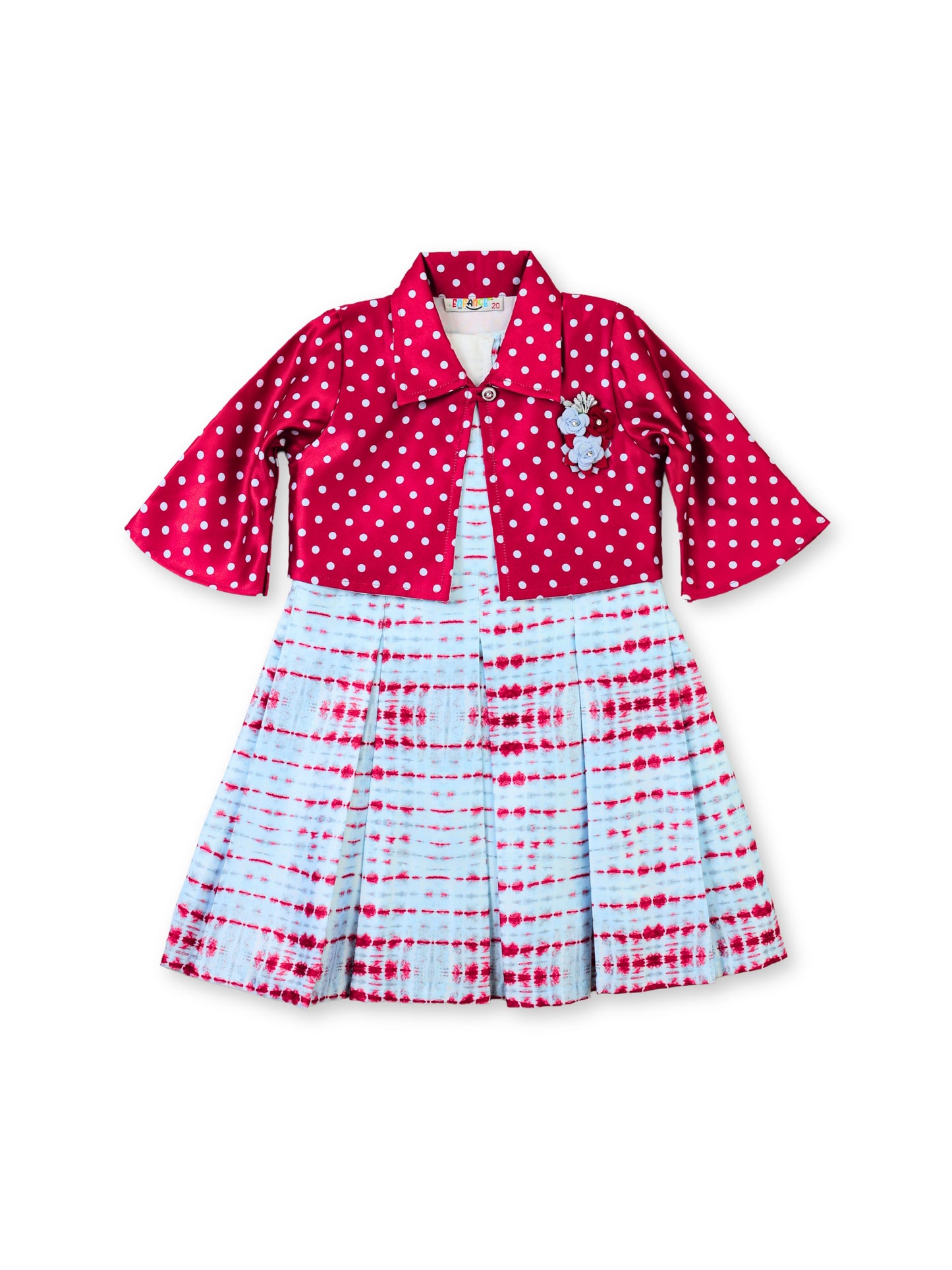 Enfance Striped Printed Dress With Three Fourth Sleeves Polka Dot Jacket - Maroon