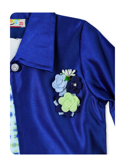 Enfance Striped Printed Dress With Three Fourth Sleeves Polka Dot Jacket - Royal Blue