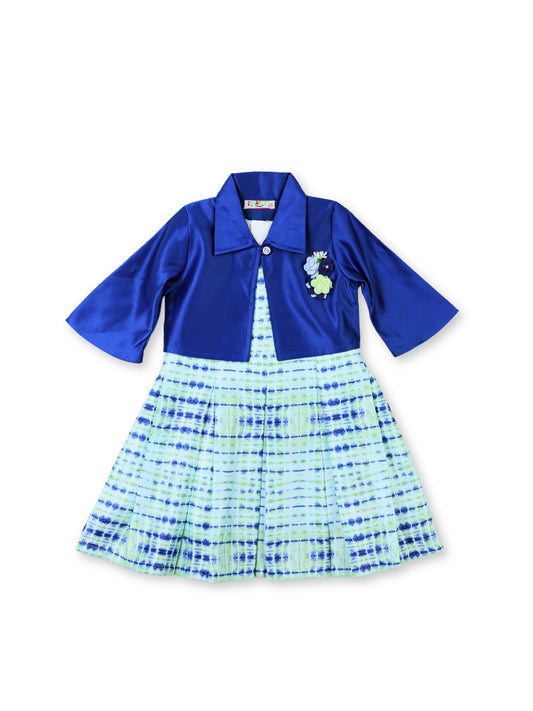 Enfance Striped Printed Dress With Three Fourth Sleeves Polka Dot Jacket - Royal Blue