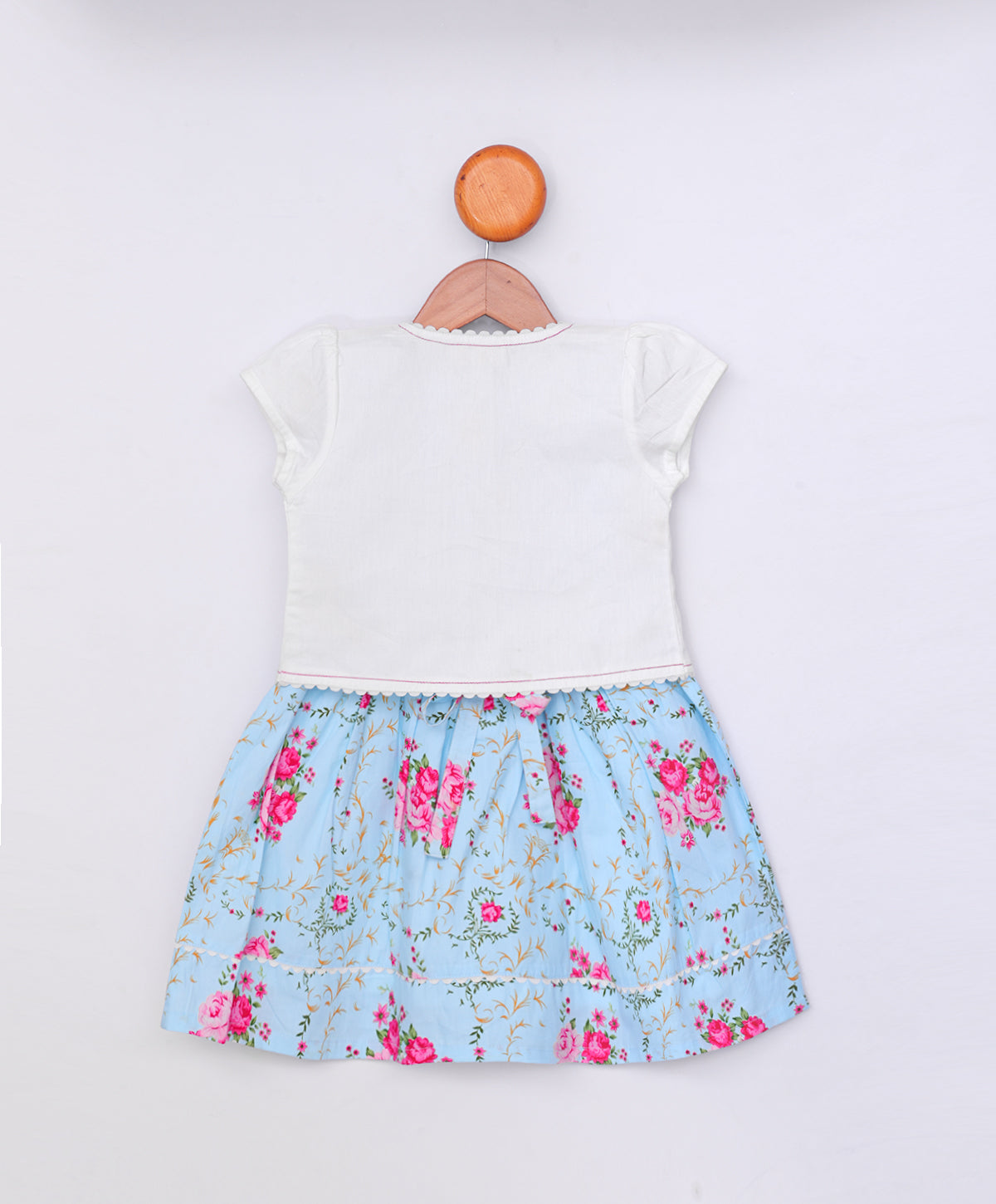 Enfance Floral Printed Tiered Dress With Half Sleeves Embroidered Jacket - S.Blue
