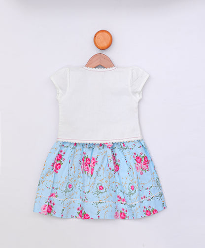 Enfance Floral Printed Tiered Dress With Half Sleeves Embroidered Jacket - S.Blue