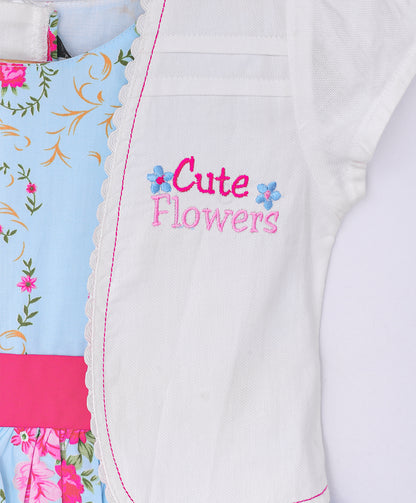 Enfance Floral Printed Tiered Dress With Half Sleeves Embroidered Jacket - S.Blue