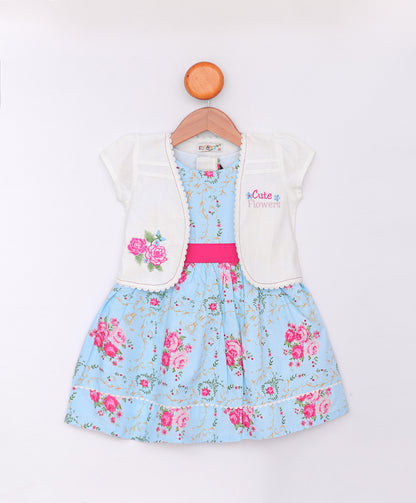 Enfance Floral Printed Tiered Dress With Half Sleeves Embroidered Jacket - S.Blue