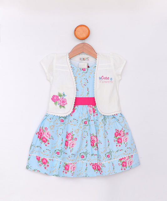 Enfance Floral Printed Tiered Dress With Half Sleeves Embroidered Jacket - S.Blue