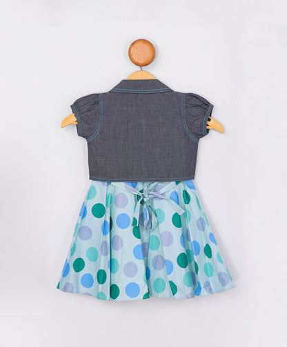 Enfance Polka Dot Printed Dress With Half Sleeves Jacket-S.Green