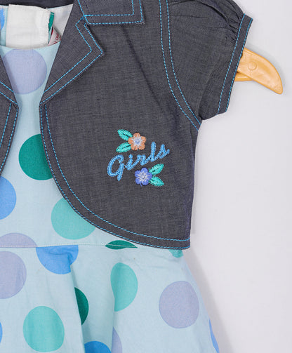 Enfance Polka Dot Printed Dress With Half Sleeves Jacket-S.Green