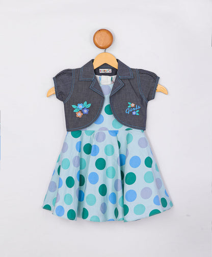 Enfance Polka Dot Printed Dress With Half Sleeves Jacket-S.Green
