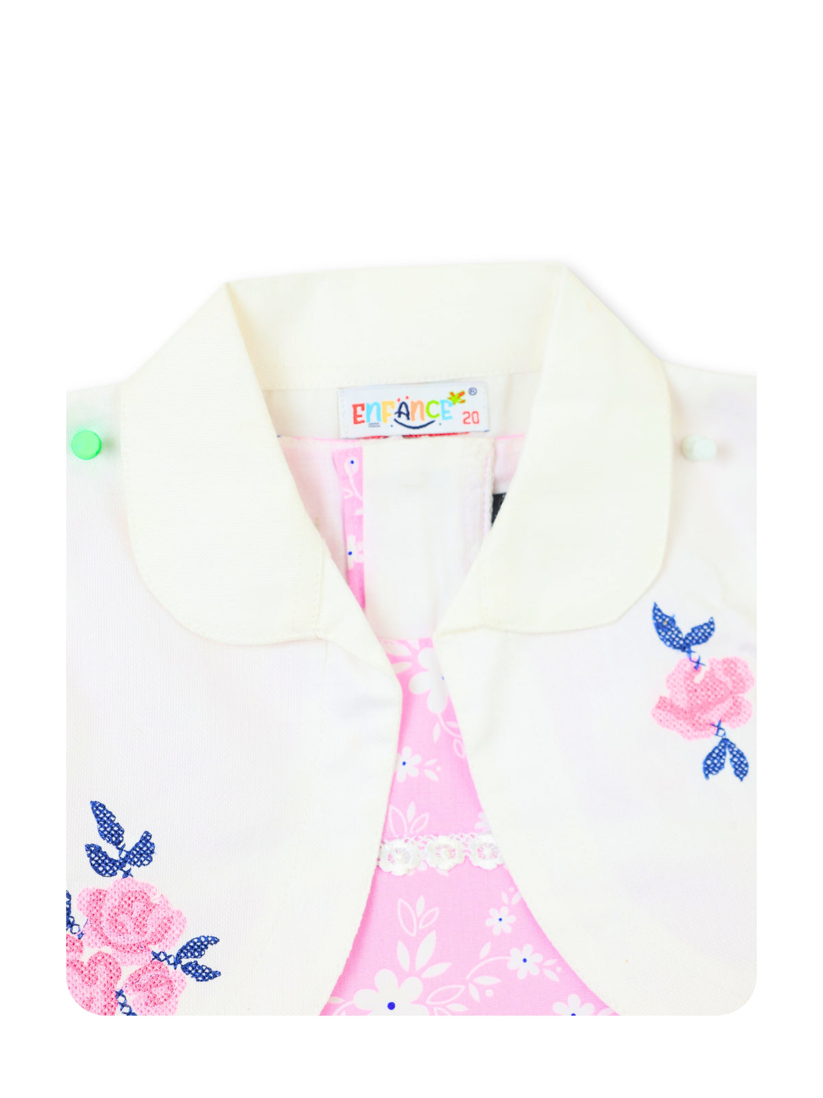 Enfance Floral Printed Dress With Half Sleeves Embroidered Jacket - Pink
